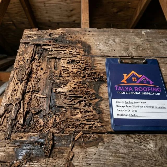 Close-up of termite-damaged and rotted wooden roof decking