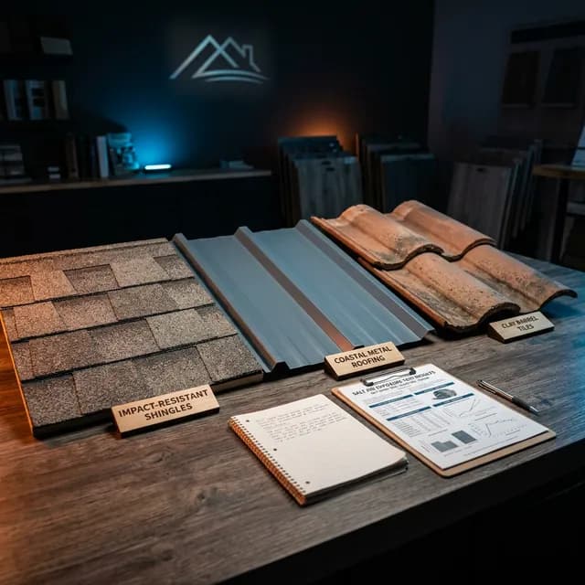 Asphalt shingle, metal, and clay roofing samples displayed in a Savannah showroom
