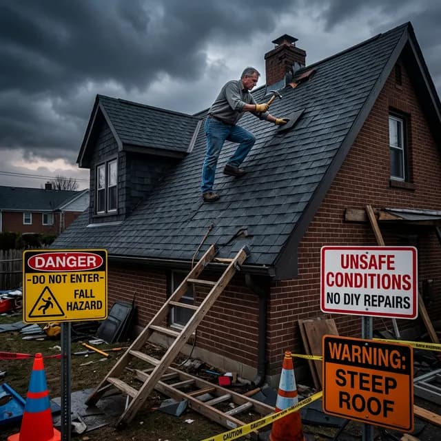 Homeowner on a steep residential roof illustrating the dangers of DIY roof repair