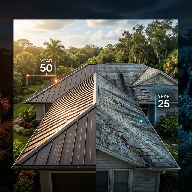 Side-by-side comparison of metal roof panels and asphalt shingles on Southeast homes