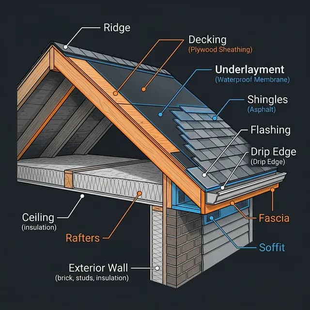Labeled diagram showing the main structural parts of a residential roof system
