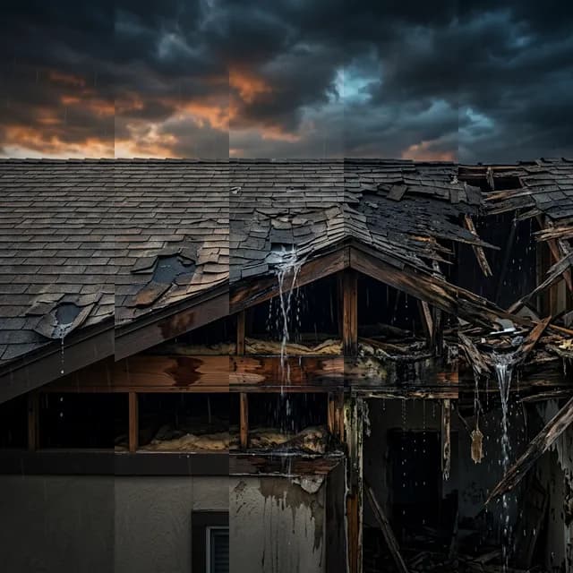 Deteriorating roof with curling shingles and exposed decking from delayed replacement