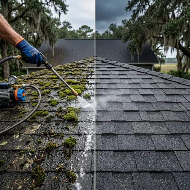 Moss and algae growth on residential shingles being soft-washed on a coastal Georgia home