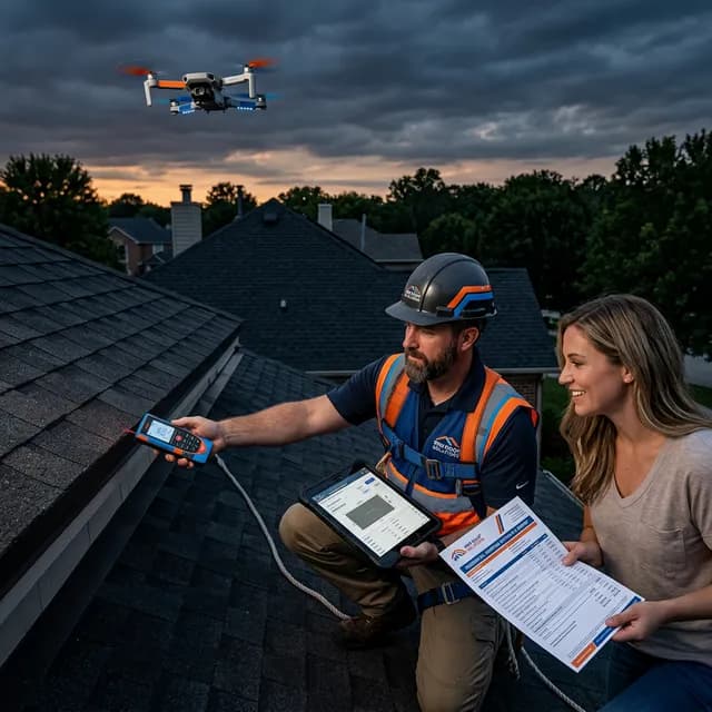 Roofing contractor walking a Savannah homeowner through a detailed roof replacement estimate