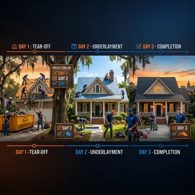 Day-by-day timeline showing each stage of a roof installation project in Savannah
