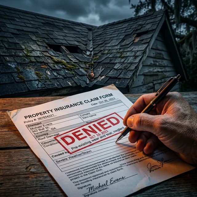 Insurance claim denial letter for roof damage on a Georgia homeowner desk