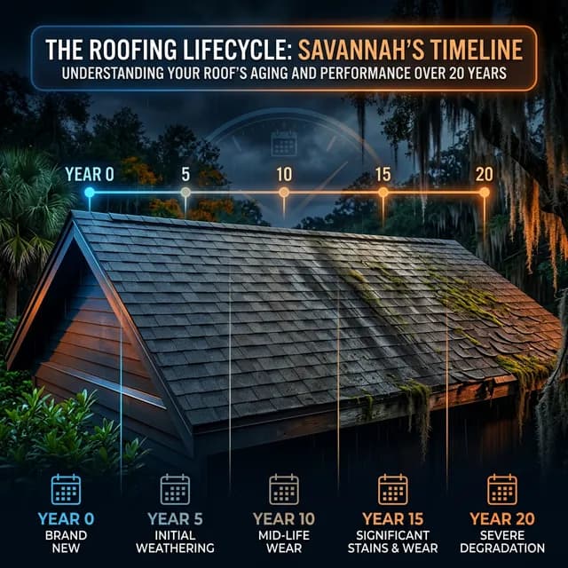 Weathered asphalt shingles showing age and climate wear from Savannah humidity and UV exposure