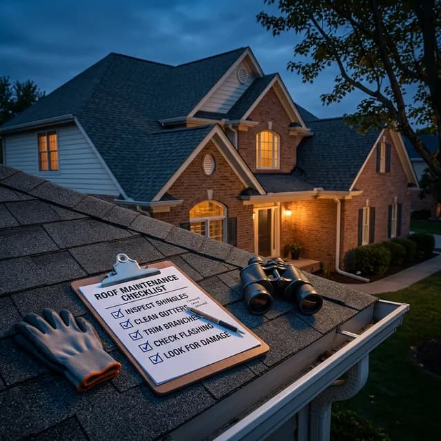 Homeowner inspecting roof and gutters using a seasonal maintenance checklist in Savannah