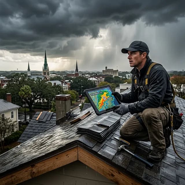 Roof installation crew working between rain showers during Savannah rainy season