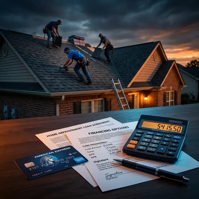 Homeowner reviewing roofing financing options and monthly payment plan documents