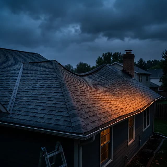 Visible roof sagging and structural dip on a residential home indicating framing damage