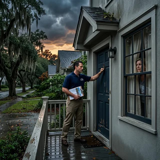 Door-to-door storm chaser roofing salesman approaching a Savannah home after a storm