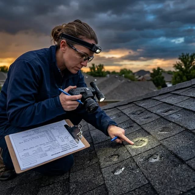 Professional inspector documenting storm damage on a Savannah roof after severe weather
