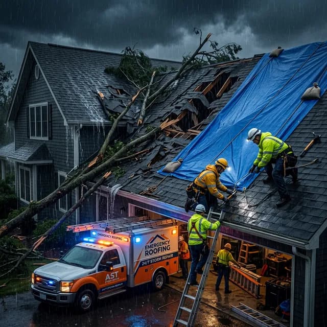 Emergency roof repair crew tarping a storm-damaged Savannah home after severe weather