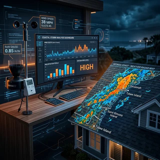 NOAA weather data chart overlaid on a coastal Georgia roof showing climate impact analysis