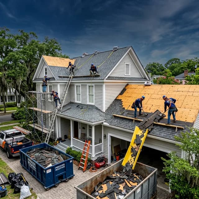 Day-by-day roof replacement timeline showing tear-off and shingle installation on a Savannah home