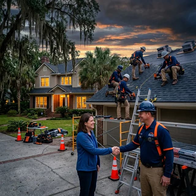 Talya Roofing crew completing a premium roof installation on a Savannah residential home