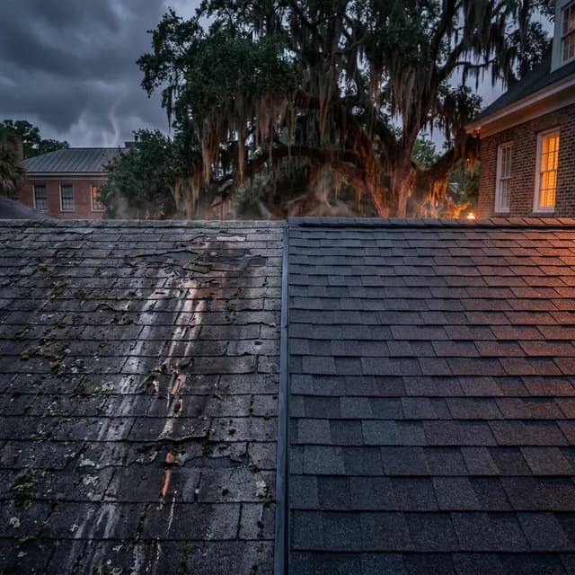 Prematurely aged asphalt shingles on a Savannah home showing coastal climate deterioration