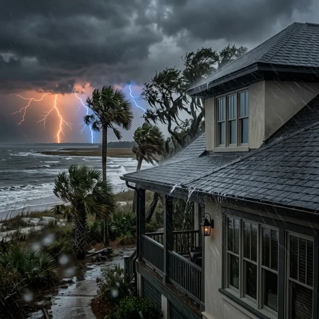Wind-driven rain hitting a roof sideways during a Savannah thunderstorm causing leaks