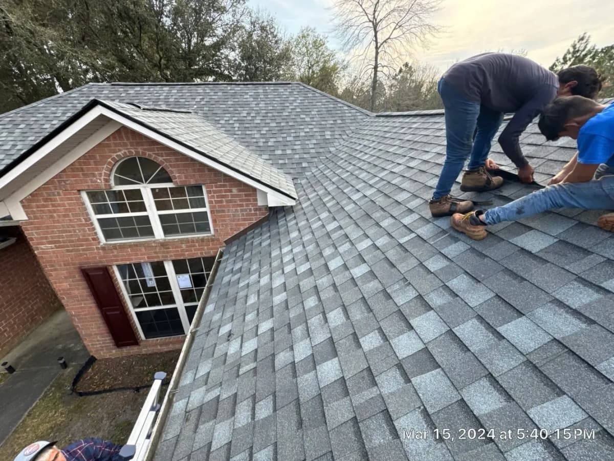 Insurance claim roof replacement with Atlas Pinnacle Pristine Pewter shingles on residential home near Fort Stewart Hinesville Georgia