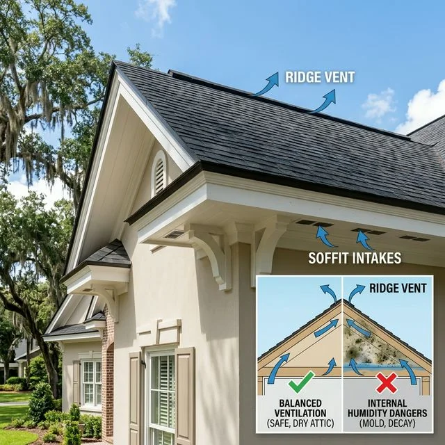 Roof ridge vent and soffit intakes preventing mold
