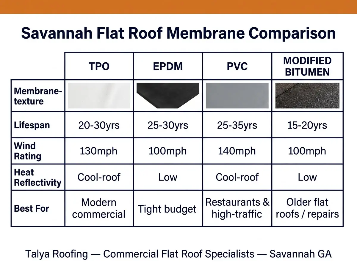 Infographic: TPO vs EPDM vs PVC vs Modified Bitumen flat-roof membrane comparison — lifespan, wind rating, heat reflectivity, and best-use guidance for Savannah commercial buildings