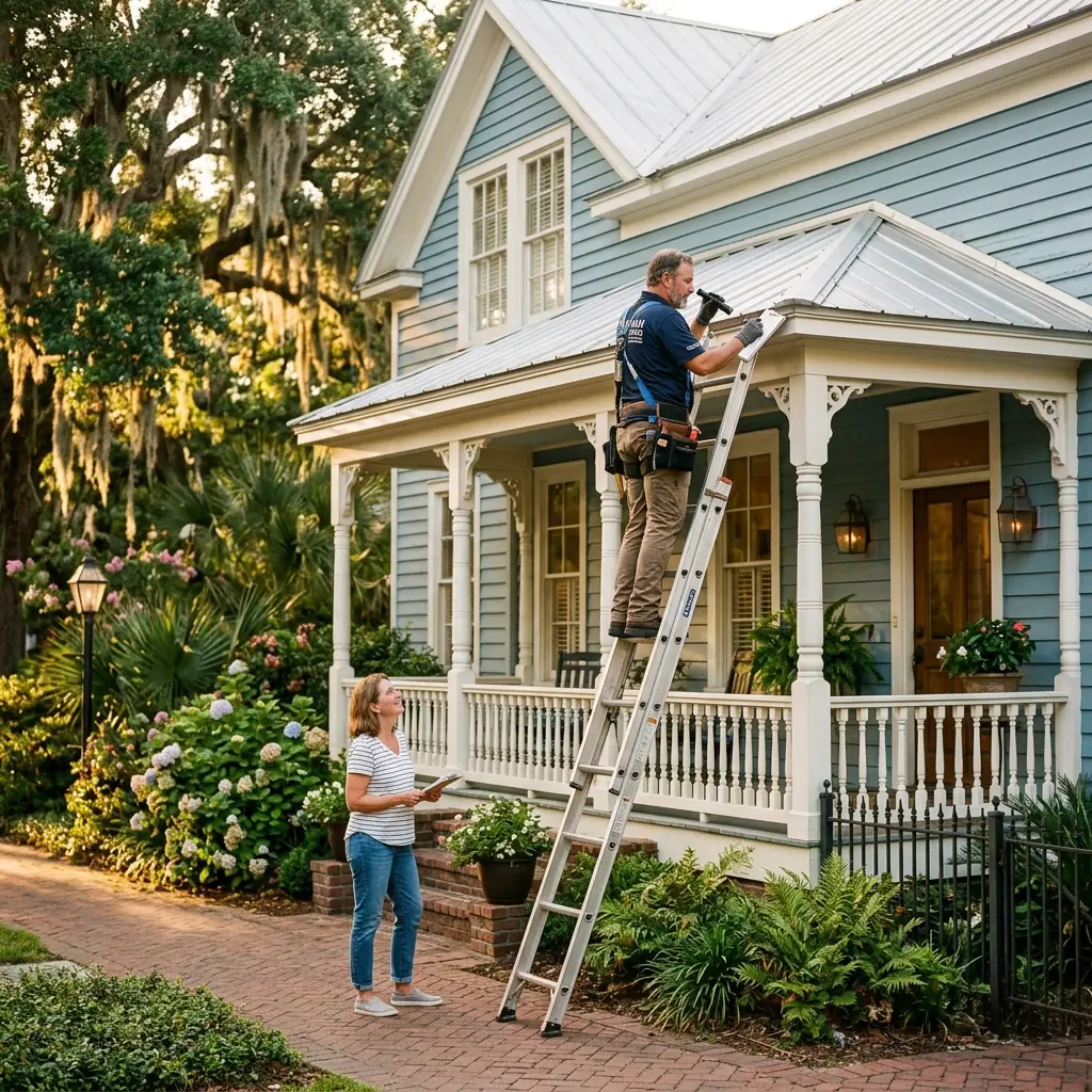 Talya Roofing inspector talking to a homeowner outside a house with a beautiful attached porch roof