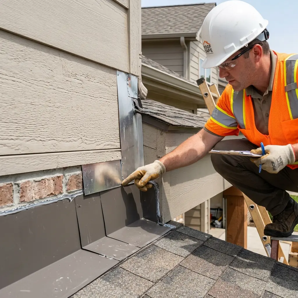 Talya Roofing inspector examining a porch flashing tie-in point
