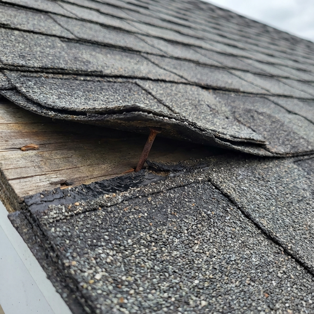 Close up of asphalt shingle edge lifted by wind on a roof