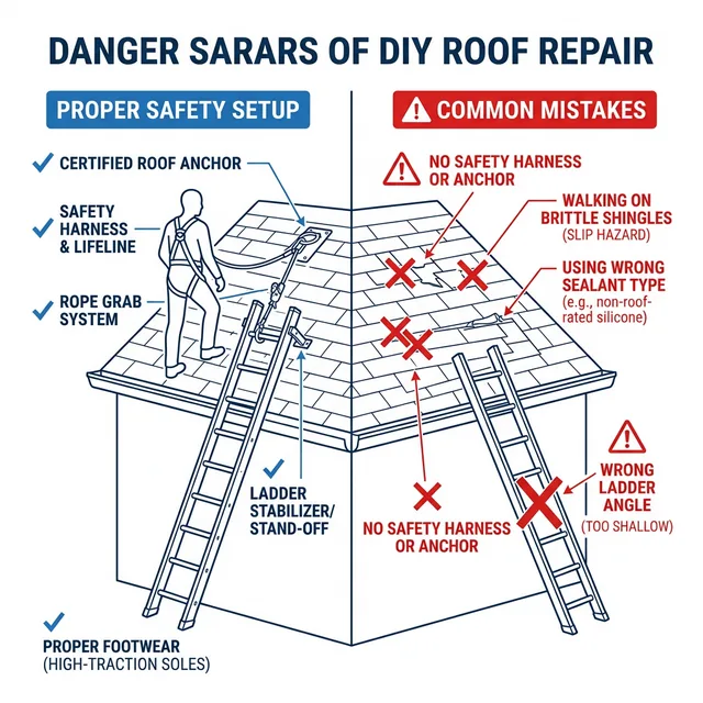 Technical diagram comparing proper roof safety setup versus common DIY mistakes — harness anchors, ladder angles, footwear, and sealant types