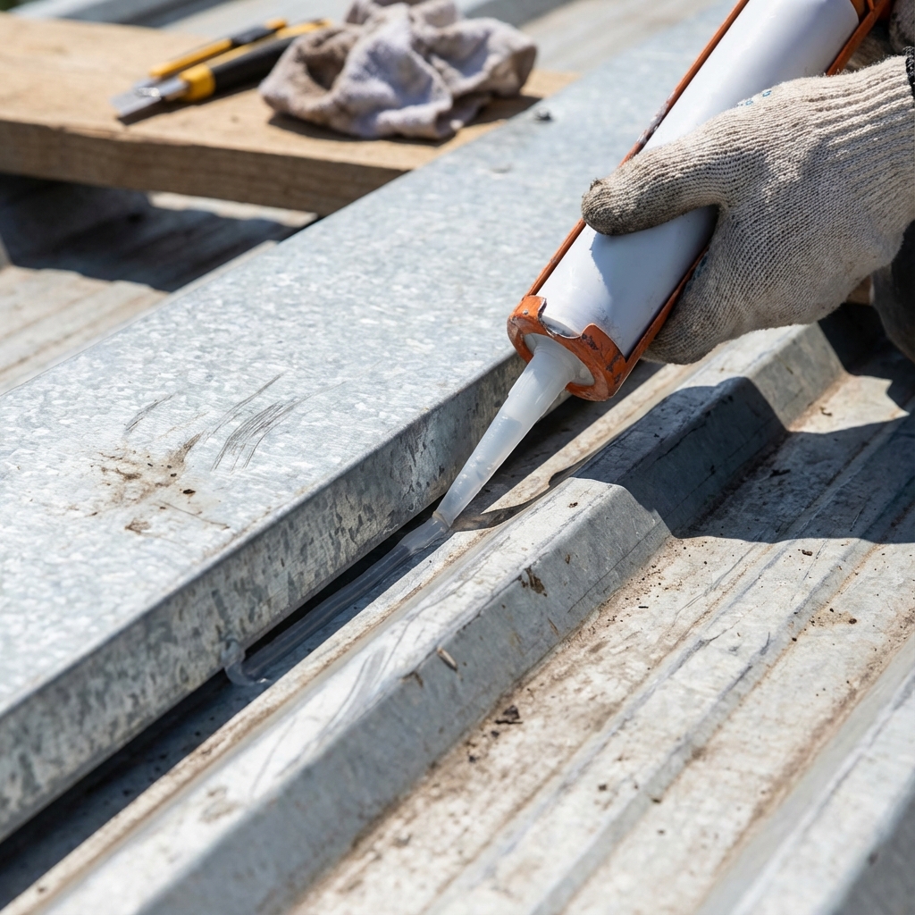Close up of applying clear or colored sealant to metal roof flashing gap