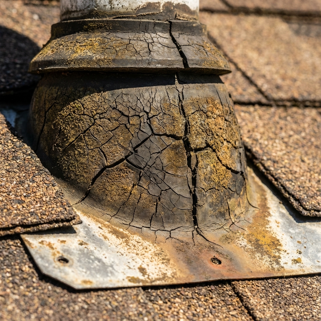 Close up of a cracked and weathered rubber seal on a roof plumbing vent boot