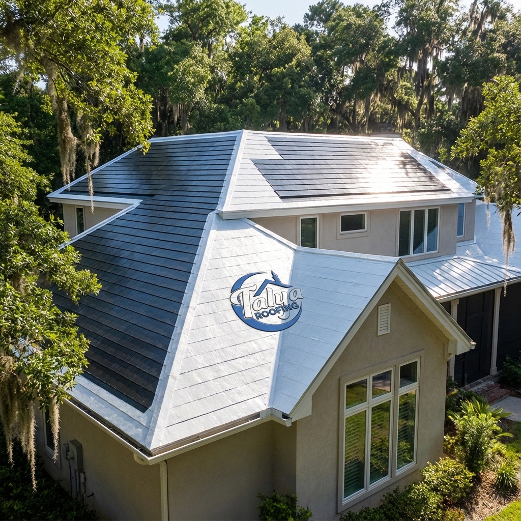 Modern eco-friendly roof with solar shingles or cool roof coating