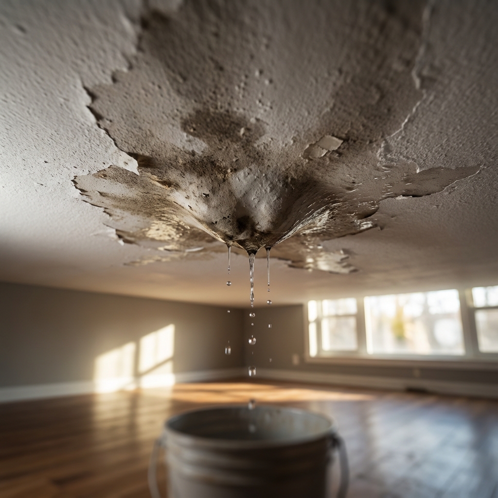 Close up of water damage on ceiling from roof leak