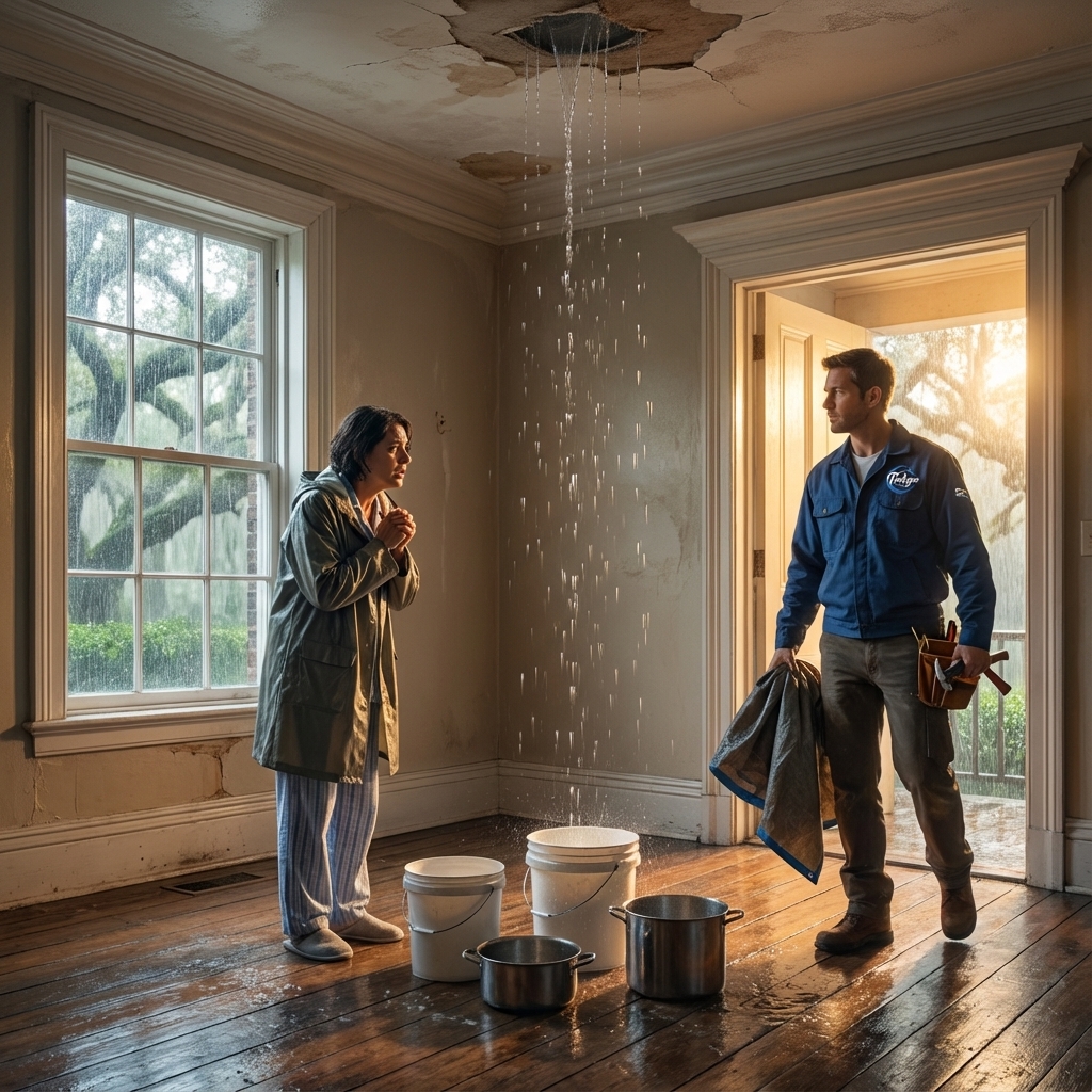 Emergency roof leak situation in a Savannah home with water dripping from ceiling