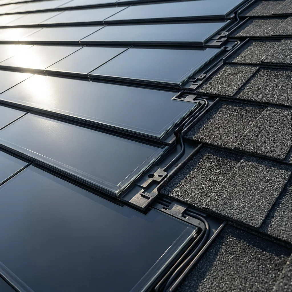 Close-up of a solar panel-powered attic exhaust vent on a residential roof