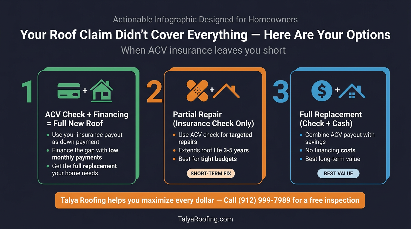 Three options for homeowners when ACV insurance does not cover full roof replacement: financing, partial repair, or check plus cash