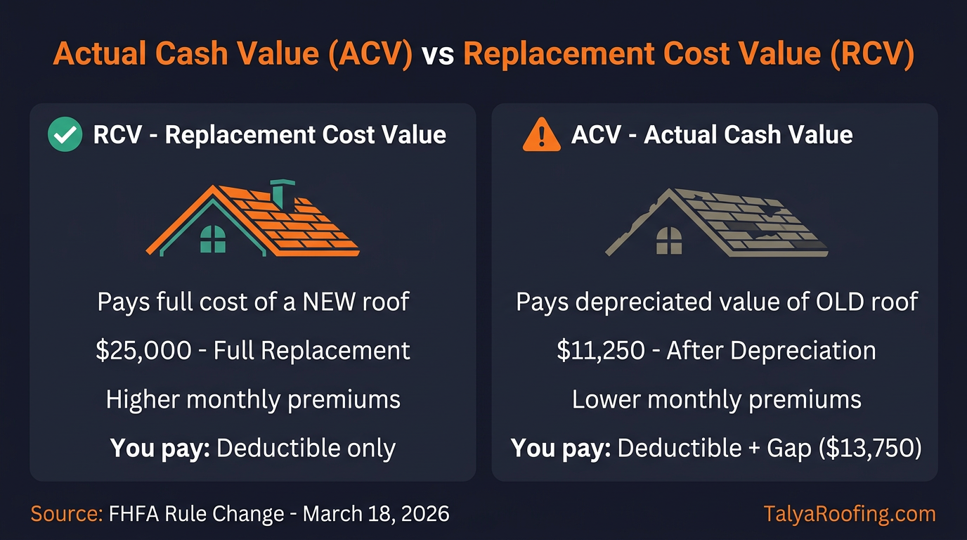 Side-by-side comparison infographic showing RCV pays $25,000 for full replacement while ACV pays only $11,250 after depreciation on the same roof