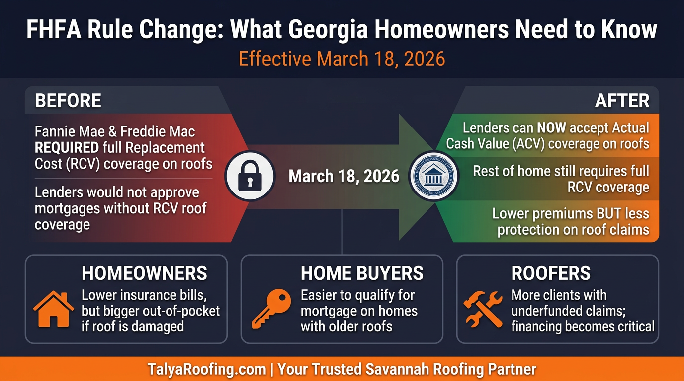 FHFA Rule Change March 2026: Before and After comparison showing how Fannie Mae and Freddie Mac now accept ACV roof coverage