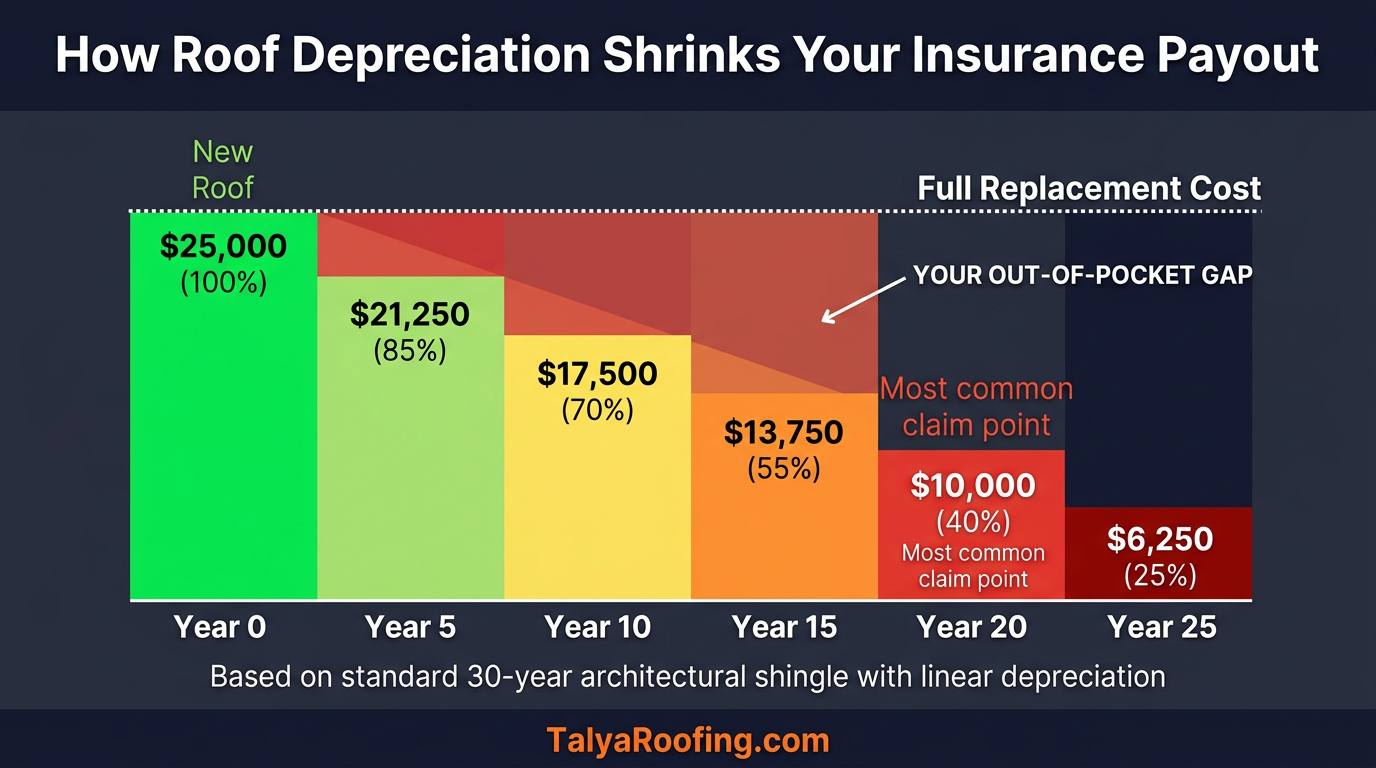 Chart showing how roof depreciation shrinks your insurance payout from $25,000 at year 0 to $6,250 at year 25, with the growing out-of-pocket gap highlighted