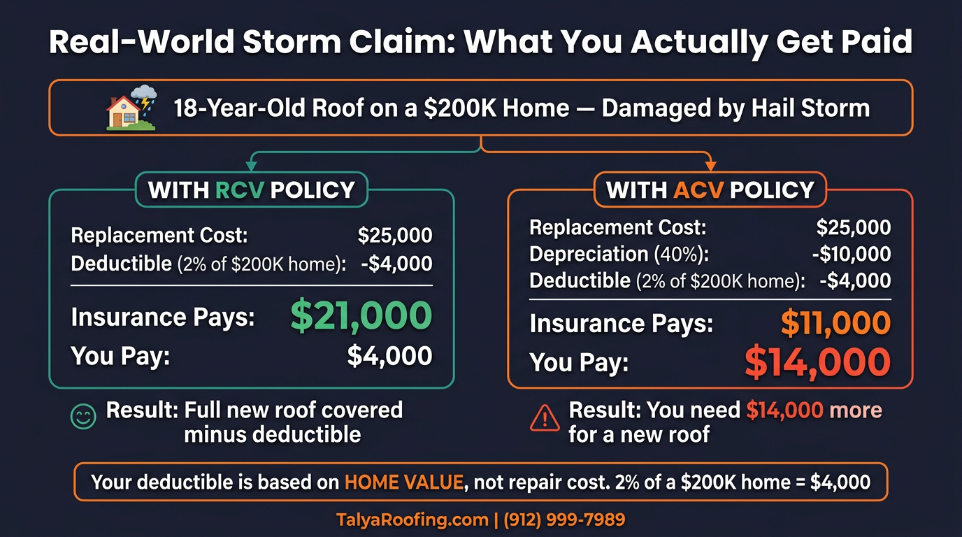 Side-by-side comparison of RCV vs ACV claim payouts on an 18-year-old roof damaged by hail, showing ACV leaves the homeowner $10,500 short