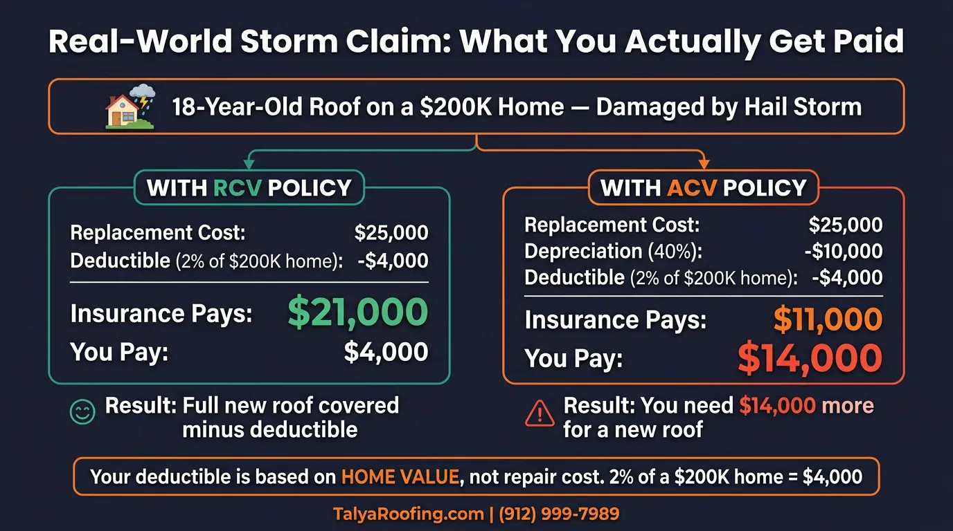 Side-by-side comparison of RCV vs ACV claim payouts on an 18-year-old roof on a $200K home, showing ACV leaves the homeowner $14,000 short