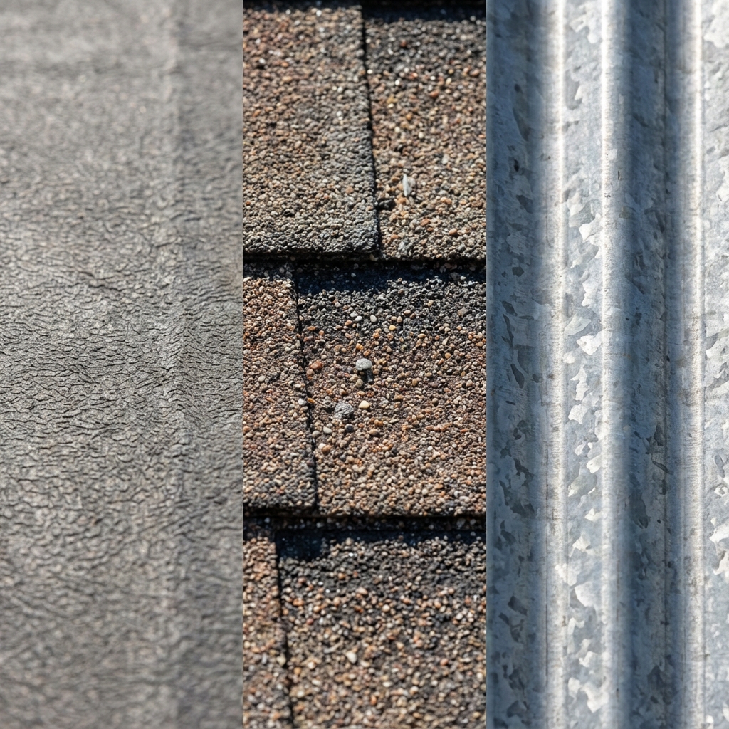 Close up comparison of flat membrane, shingle, and metal roofing textures