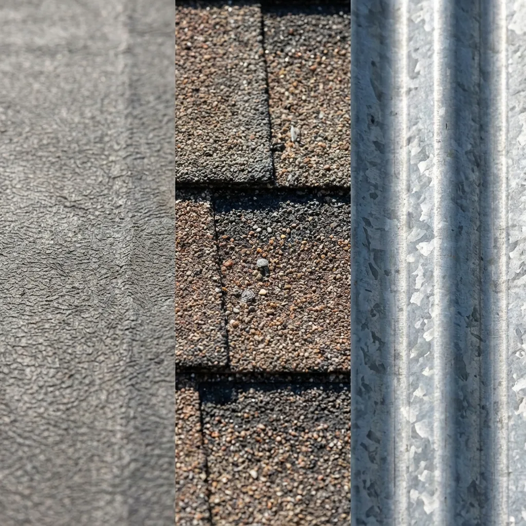 Close up comparison of flat membrane, shingle, and metal roofing textures