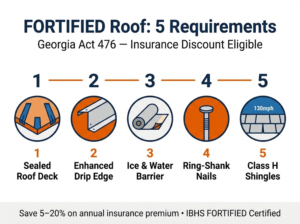 Infographic: 5 FORTIFIED roof requirements — sealed deck, drip edge, ice and water barrier, ring-shank nails, Class H shingles