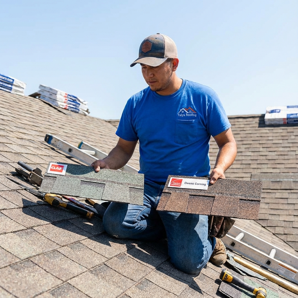 Roofer comparing GAF vs Owens Corning shingles on a roof