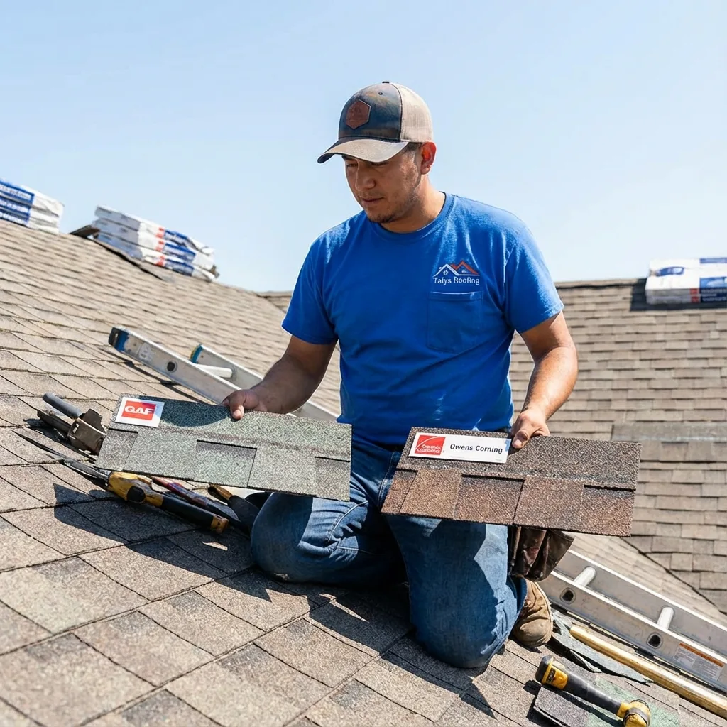 Talya Roofing installer comparing GAF and Owens Corning shingle samples on roof