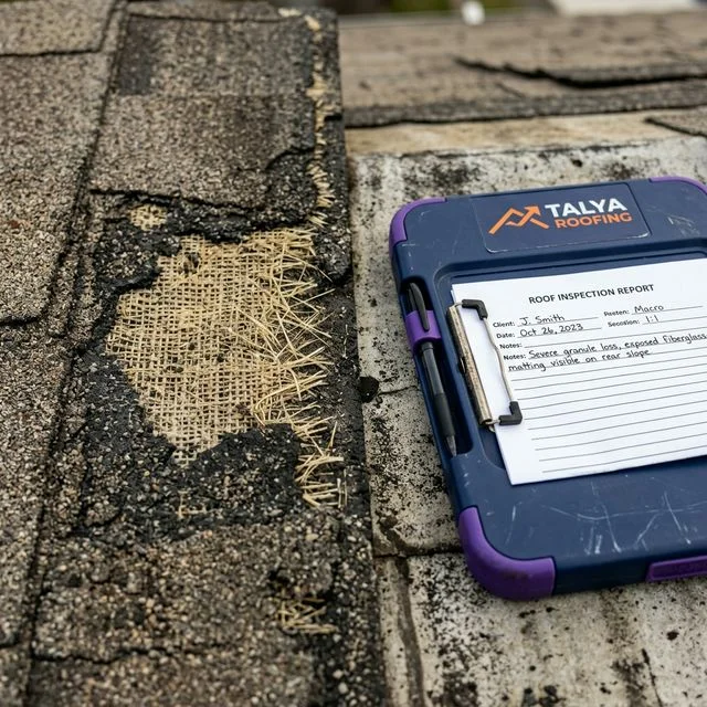 Close-up of an asphalt shingle with severe granule loss beside a Talya Roofing clipboard