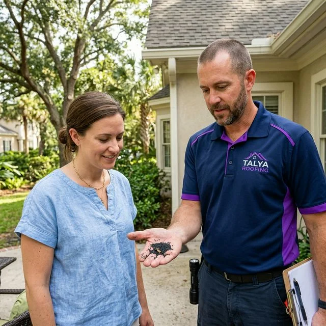 A Talya Roofing inspector showing a homeowner asphalt shingle granules collected from a gutter