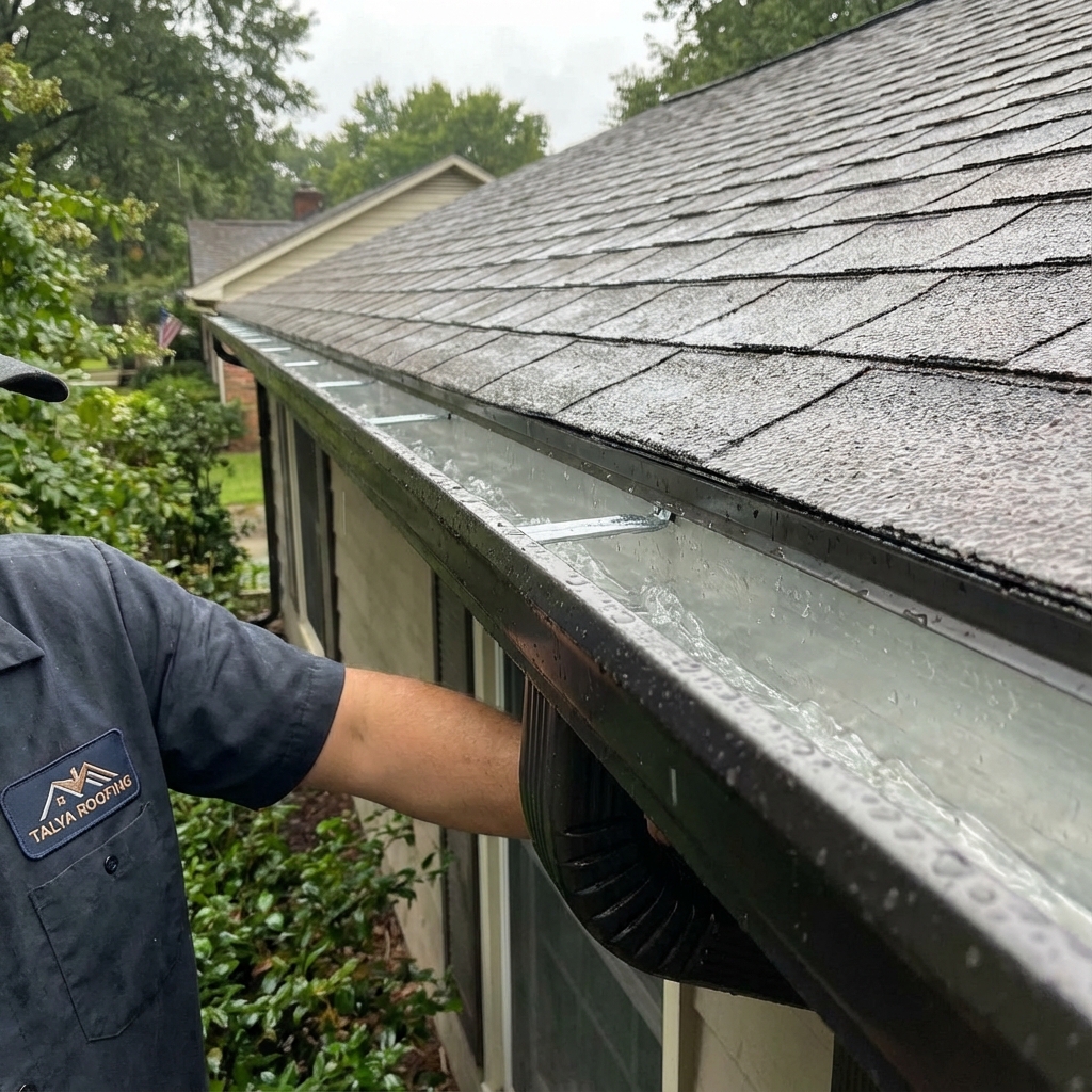 Rain water flowing through clean seamless gutters